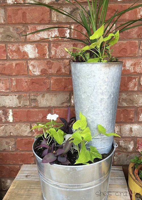 She's crafty Spring Porch galvanized bucket and repurposed vintage